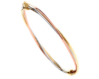 9ct Tri Colour Gold 3mm Hollow Twisted 3 Row Interlocked Bangle Hallmarked - Real 9K Gold