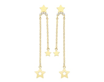 9ct Yellow Gold Constellation Cz Stars Tassel Chain 3.5cm Drop Earrings - Real 9K Gold