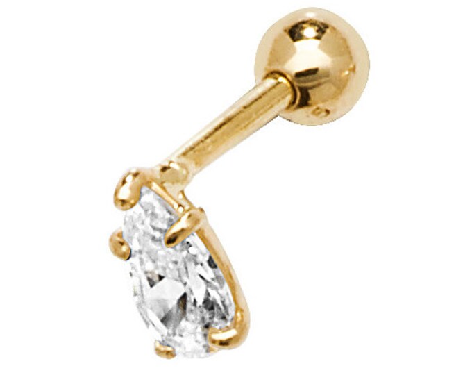 9ct Gold 8.5mm Post Pear Cut Cz  Solitaire Cartilage Single Stud Screw Back Earring - Real 9K Gold