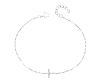Ladies 925 Silver Fine CZ Cross 7.5" Bracelet