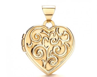 9ct Yellow Gold Small 12mm Heart Shaped 2 Photo Scroll Embossed Locket - Real 9K Gold