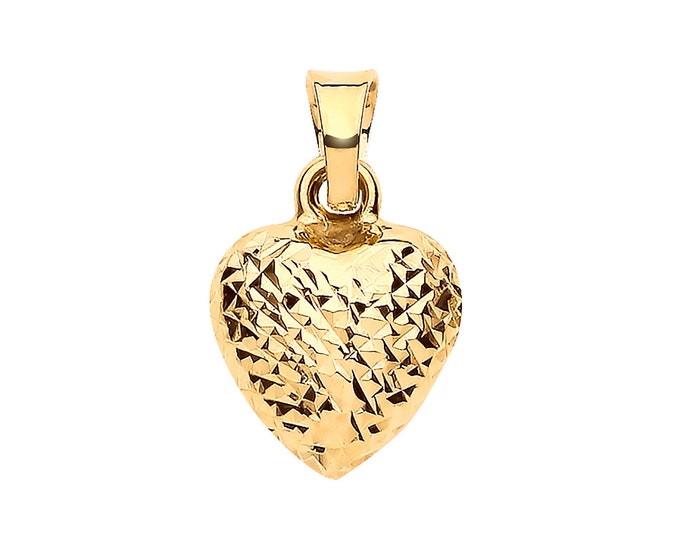 Small 9ct Yellow Gold Diamond Cut 3D Domed Heart Charm Pendant 8x8mm - Real 9K Gold