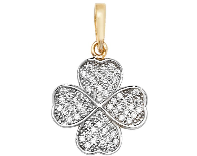 9ct Yellow Gold 1.5cm Pave Cz Lucky Irish Shamrock 4 Leaf Clover Charm Pendant - Real 9K Gold