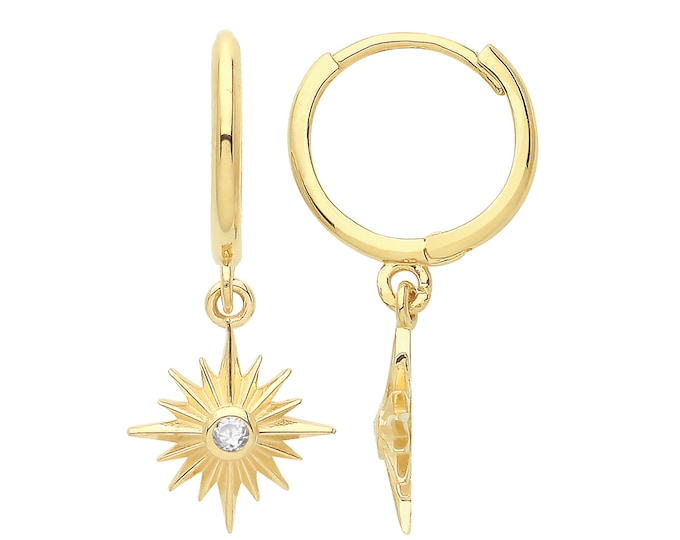 9K Yellow Gold 8.5mm Hinged Hoop Earrings With Cz Starburst Drop Charm - Real 9K Gold