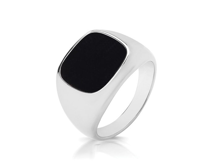 Silver 12x11.5mm Cushion Cut Black Onyx Signet Ring
