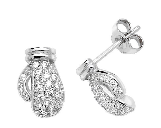 925 Sterling Silver Pave Cz 10X7mm Boxing Glove Stud Earrings