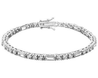 Ladies 925 Sterling Silver Baguette & Round Cz 7" Tennis Bracelet Hallmarked