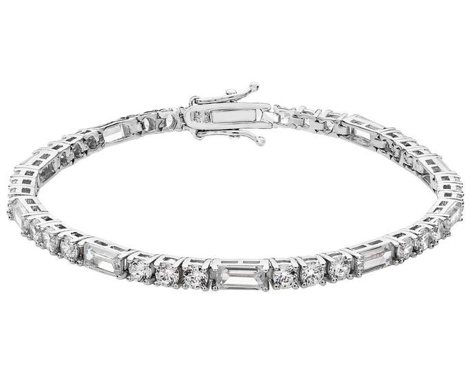 Ladies 925 Sterling Silver Baguette & Round Cz 7" Tennis Bracelet Hallmarked