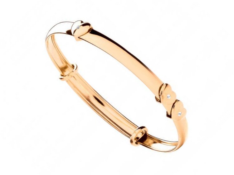 Child s 9ct Yellow Gold CZ Expandable Floating Heart Baby Bangle Hallmarked Real 9K Gold