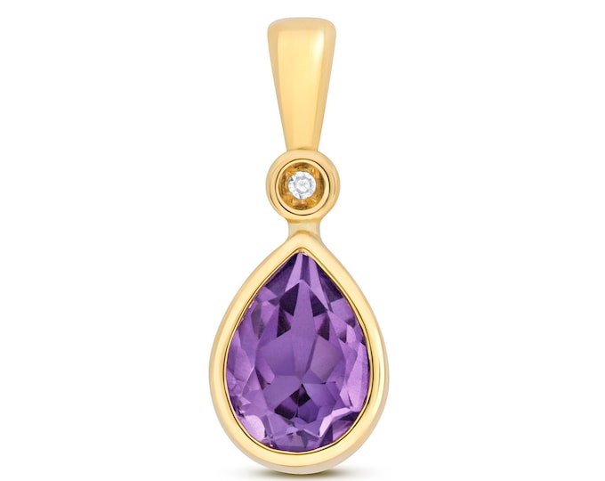 9ct Yellow Gold & Diamond 7x5mm Pear Cut Purple Amethyst Pendant - Real 9K Gold