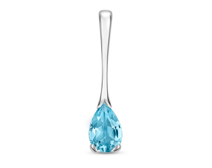 Pear Cut Blue Topaz Gemstone 2.5cm Teardrop Pendant 9ct White Gold Hallmarked- Real 9K Gold