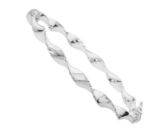 Ladies 925 Sterling Silver 4mm Twisted Ribbon Diamond Cut Edge Oval Hinged Bangle