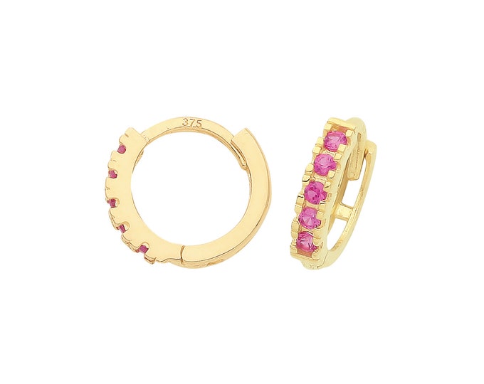 9ct Yellow Gold Ruby Red Cz Claw Set 7mm Diameter Hinged Huggies Hoop Earrings - Real 9K Gold