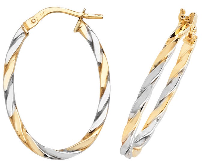 9ct 2 Colour Yellow & White Gold 20x15mm Oval Flat Twisted Hoop Earrings - Real 9K Gold