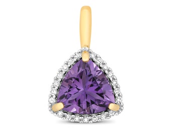 9ct Yellow Gold 0.07ct Diamond 7mm Trillion Cut Amethyst Pendant - Real 9K Gold