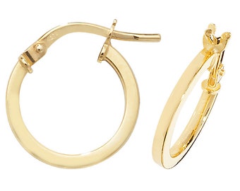 9ct Yellow Gold Plain 8mm Diameter 1.4mm Flat Tube Hoop Earrings Solid 9K Gold