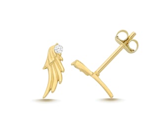 Pair of 9ct Yellow Gold Cz Angel Wing Stud Earrings - Real 9K Gold
