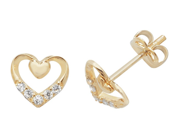 9ct Yellow Gold 5mm Heart on Heart Stud Earrings Set With Cz Stones - Real 9K Gold