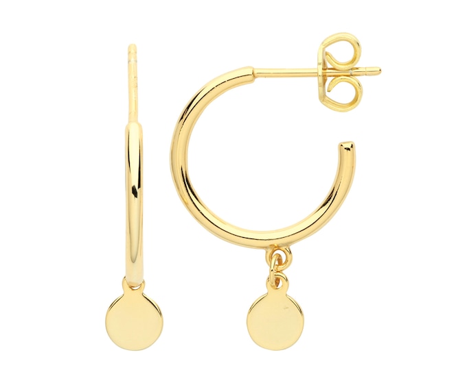 925 Sterling Silver 14mm Hoop Earrings With Circle Disc Drop Charm Gold Plated