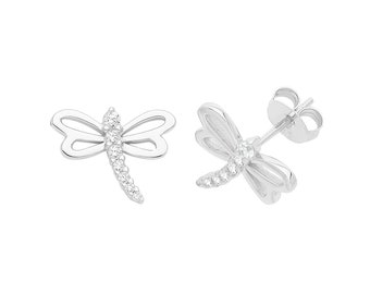 925 Sterling Silver 10x8mm Cz Dragonfly Stud Earrings Rhodium Plated