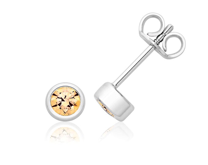 925 Sterling Silver 4mm Bezel Set Real Gemstone Birthstone Stud Earrings Rhodium Plated Nov Dec