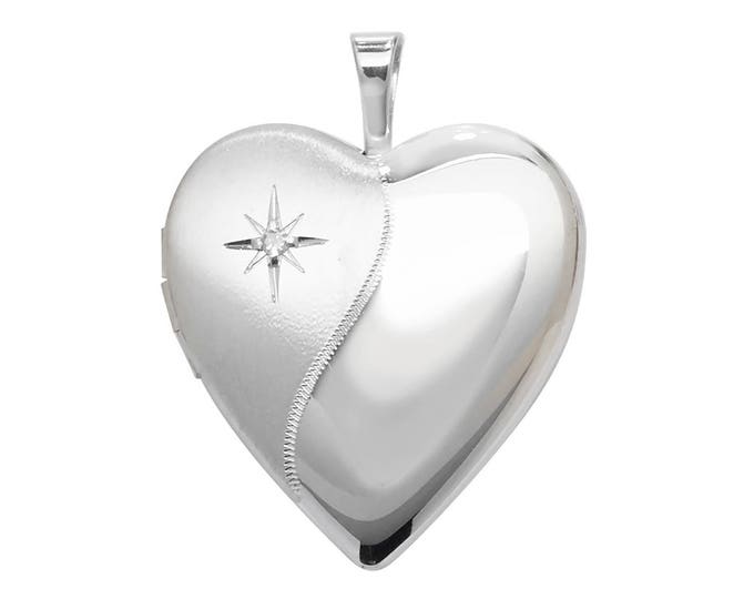 Sterling Silver Single Diamond Wave Design Heart Shaped 2 Photo Locket 1.8x1.8cm