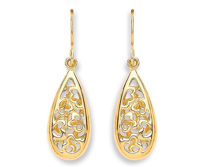 9ct Yellow Gold Filigree Tear Drop Heart Drop Hook Earrings - Real 9K Gold