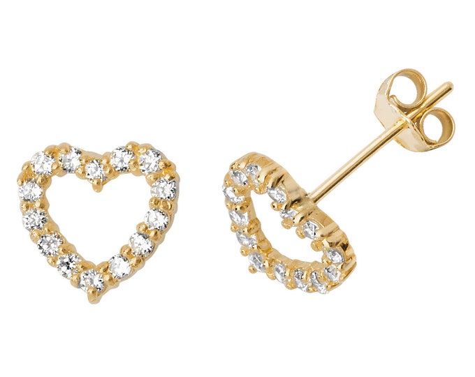 9ct Yellow Gold Small 8mm Pave Open Heart Stud Earrings Set With Cz Stones- Real 9K Gold