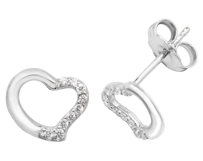 Modern 925 Sterling Silver 8mm Half Cz Open Heart Stud Earrings