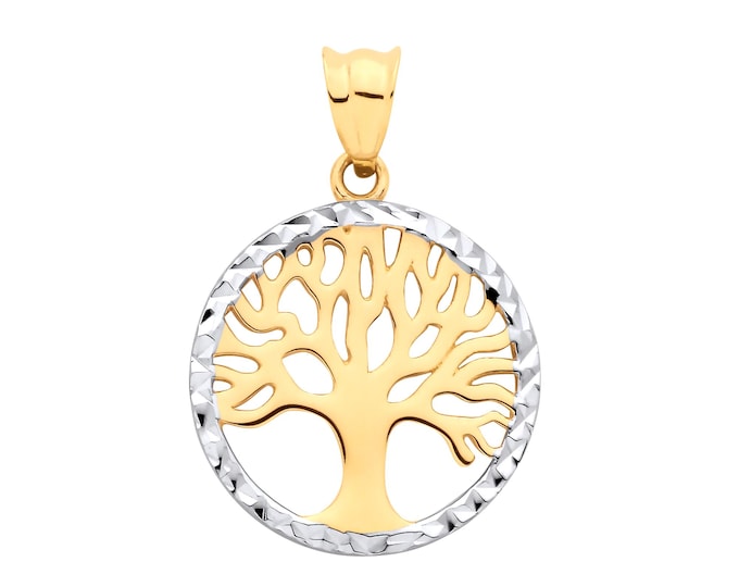 Small 9ct 2 Colour Gold Cut Out Design 1.5cm Tree of Life Round Disc Charm Pendant- Solid 9K Gold