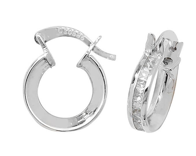 9ct White Gold 8mm Diameter Princess Cut Cz Hoop Earrings - Real 9K Gold