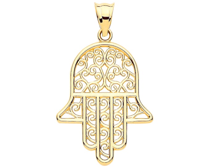 9ct Yellow Gold 3cm Filigree Scroll Design Hamsa Hand Charm Pendant - Real 9K Gold
