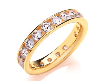 Yellow Gold on 925 Sterling Silver 4mm Full Channel Set Cz Eternity Wedding Ring