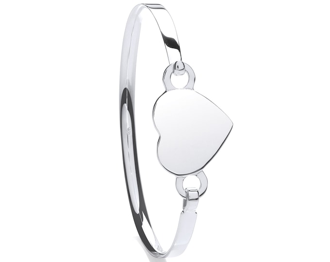 Girls 925 Sterling Silver Heart Tag Charm Identity Bangle