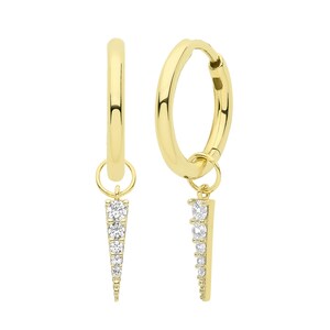 May include: A pair of gold hoop earrings with a dangling, pointed charm set with clear cubic zirconia stones.
