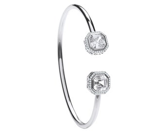Ladies 925 Silver Octagonal Cut Cz Halo Set Torque 3mm Tube Hollow Bangle