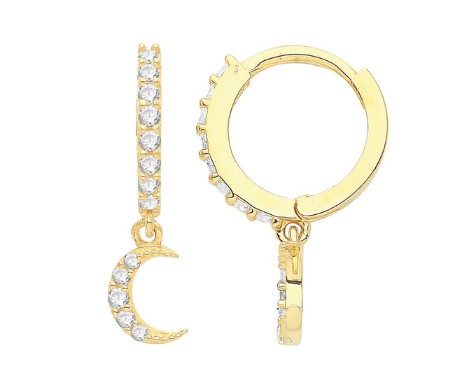 9ct Yellow Gold 7.5mm Hinged Cz Hoop Earrings With Cz Crescent Moon Drop Charm - Real 9K Gold