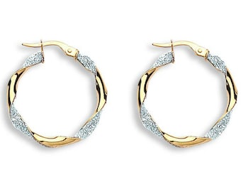9ct Yellow Gold Twisted Glitter Stardust Hoop Earrings - Real 9K Gold