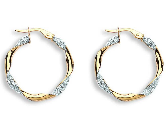 9ct Yellow Gold Twisted Glitter Stardust Hoop Earrings - Real 9K Gold