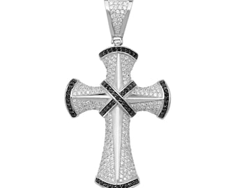 Large 925 Sterling Silver Pave Black Cz Cross Pendant 8x4.5cm Hallmarked