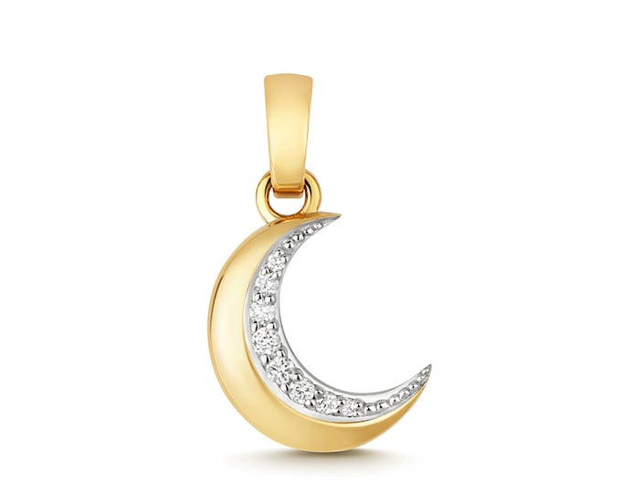 9ct Yellow Gold 0.04ct Diamond 10mm Crescent Moon Charm Pendant - Real 9K Gold