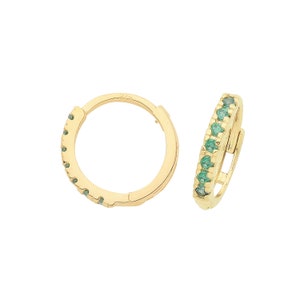 Pair of 9ct Yellow Gold Emerald Green Cz Claw Set 9mm Hinged Huggies Hoop Earrings - Real 9K Gold