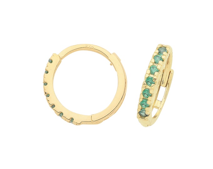 Pair of 9ct Yellow Gold Emerald Green Cz Claw Set 9mm Hinged Huggies Hoop Earrings - Real 9K Gold