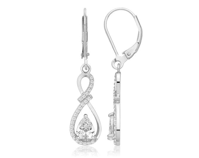 Sterling Silver Solitaire Pear Cut Twisted Cz Dangle Earrings 20x9mm