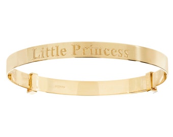 9ct Yellow Gold Babies Expandable 3mm Little Princess Engraved Bangle Hallmarked - Real 9K Gold