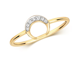 Modern 9ct Yellow Gold 0.03ct Pave Diamond Horn Ring Hallmarked - Real 9K Gold