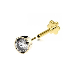 SINGLE 9ct Yellow Gold 5mm Cz Solitaire Labret Cartilage 6mm Bar Stud Screw Top Earring - Solid 9K Gold