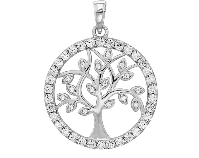 925 Sterling Silver 2cm Diameter Tree Of Life Pave Set Cz Circle Pendant