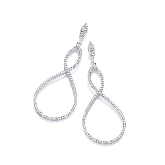 Micro Pave Cubic Zirconia Dangle Earrings with Ribbon Drop Teardrop Rhodium on Sterling Silver - Non Micro Pave Cubic Zirconia Dangle Earrings with Ribbon Drop Teardrop Rhodium on Sterling Silver - Non