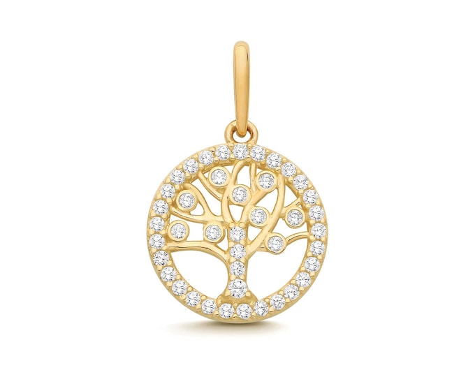 9ct Yellow Gold 10mm Tree of Life Cz Surround Disc Charm Pendant - Real 9K Gold